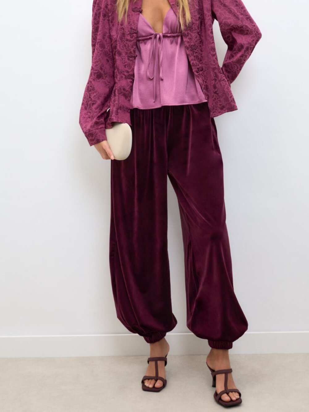 Burgundy Casual Women's Velvet Balloon Trousers